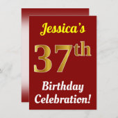Invitation Red, Faux Gold 37th Birthday Celebration + Nom (Devant / Derrière)