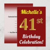 Invitation Red, Faux Gold 41st Birthday Celebration + Name (Devant / Derrière)