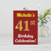 Invitation Red, Faux Gold 41st Birthday Celebration + Name (Debout devant)