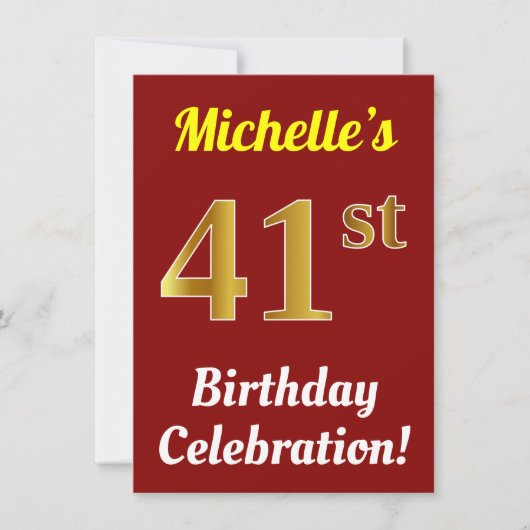 Invitation Red, Faux Gold 41st Birthday Celebration + Name (Devant)