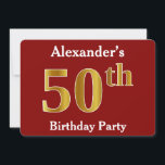 Invitation Red, Faux Gold 50th Birthday Party   Nom personnal<br><div class="desc">Cette conception d'invitation comporte le numéro ordinal "50th" avec un aspect faux or. Il comporte également un nom personnalisé et un arrière - plan rouge. Les détails de l'événement sur le dos peuvent être personnalisés. Il pourrait être utilisé pour les invitations à la fête du cinquantième anniversaire de quelqu’un. [~Z0000012]...</div>