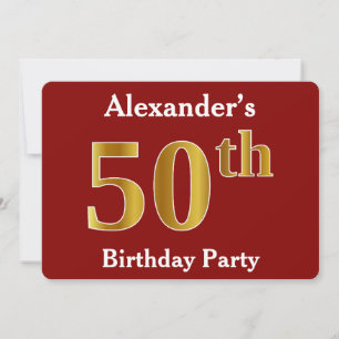 Invitation Red, Faux Gold 50th Birthday Party + Nom personnal