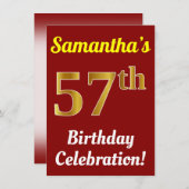 Invitation Red, Faux Gold 57th Birthday Celebration + Nom (Devant / Derrière)
