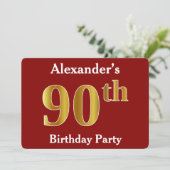 Invitation Red, Faux Gold 90th Birthday Party + Nom personnal (Debout devant)
