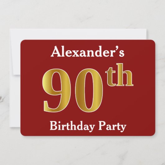 Invitation Red, Faux Gold 90th Birthday Party + Nom personnal (Devant)