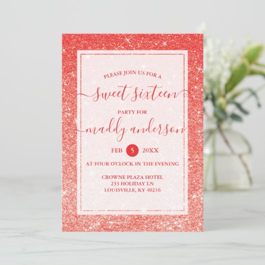 Invitation Red Faux Parties scintillant Élégante douce 16 Ann (Debout devant)