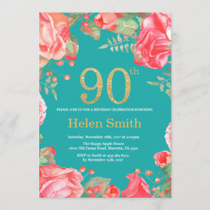 Invitation Red Floral 90e anniversaire Parties scintillant or