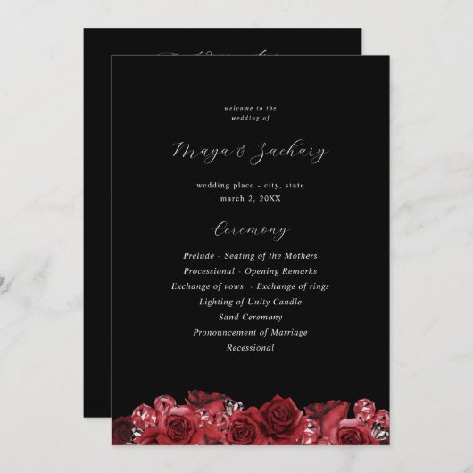 Invitation Red Floral & Black Mariage Ceremony Program - Noir (Devant / Derrière)