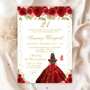 Invitation Red Floral Brunette Hair Princess Anniversaire