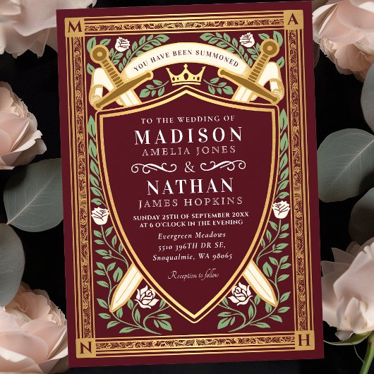 Invitation Red Floral Fantasy Swords Shield Monogram Wedding