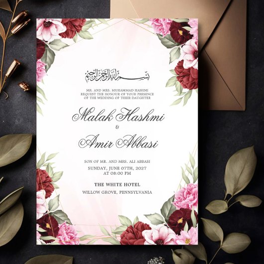 Invitation Red Floral Gold Frame Mariage musulman islamique