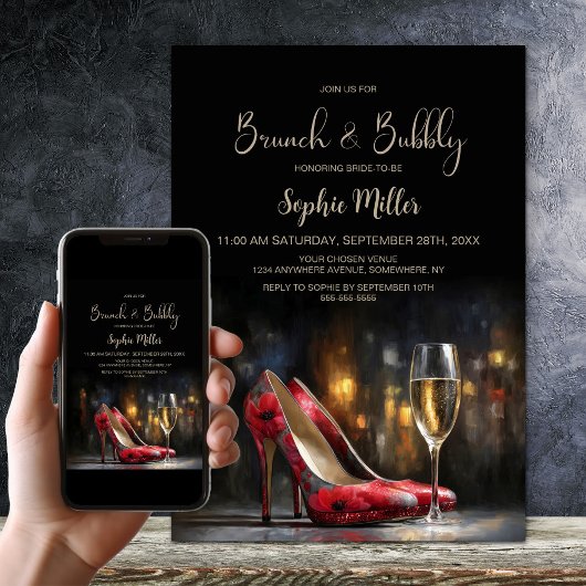 Invitation Red Floral High Heel Shoes Brunch and Bubbly
