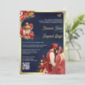 Invitation Red Floral Navy QR Code Anand Karaj Sikh Mariage (Debout devant)