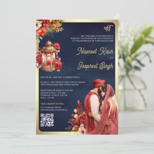 Invitation Red Floral Navy QR Code Anand Karaj Sikh Mariage (Debout devant)