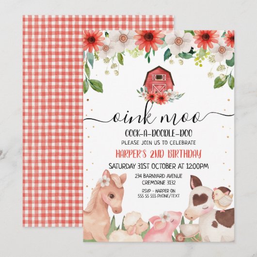 Invitation Red Floral Plaid Farm Animaux Anniversaire Invitat (Devant / Derrière)