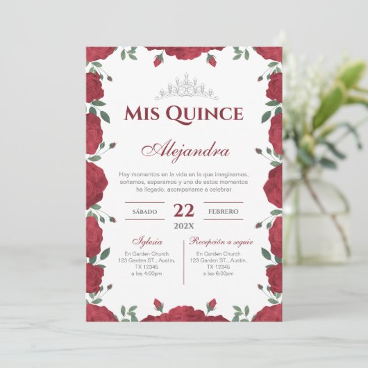 Invitation Red Floral Quinceañera Spanish  (Debout devant)