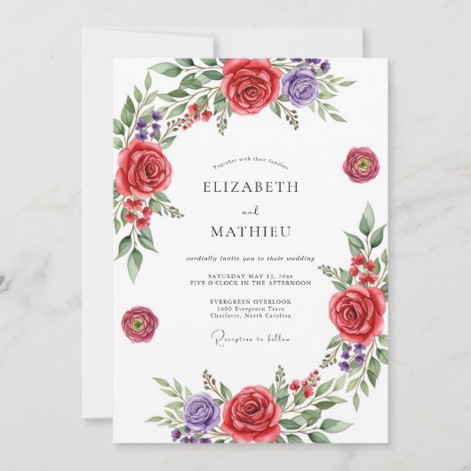 Invitation Red Floral Romantic Wedding (Devant)