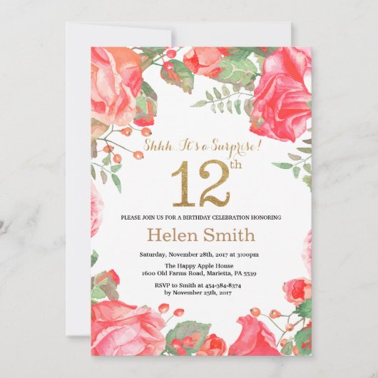 Invitation Red Floral Surprise 12e anniversaire Parties scint (Devant)