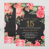 Invitation Red Floral Surprise 15e anniversaire Parties scint (Devant / Derrière)