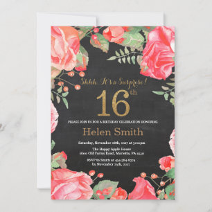 Invitation Red Floral Surprise 16e anniversaire Parties scint