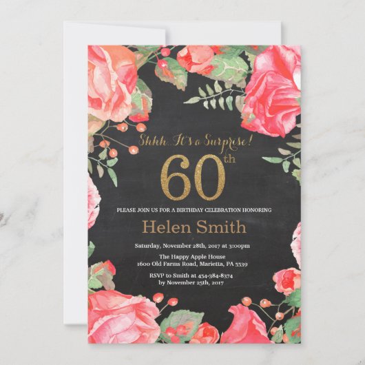 Invitation Red Floral Surprise 60e anniversaire Parties scint (Devant)