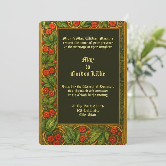 Invitation Red Floral Vine Border Wedding (Debout devant)