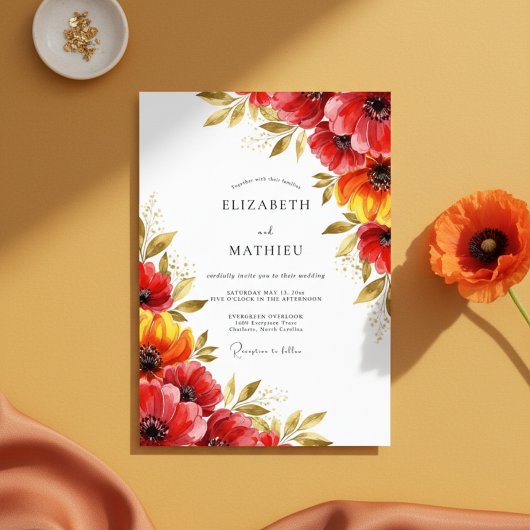 Invitation Red Floral Whimsy Wedding