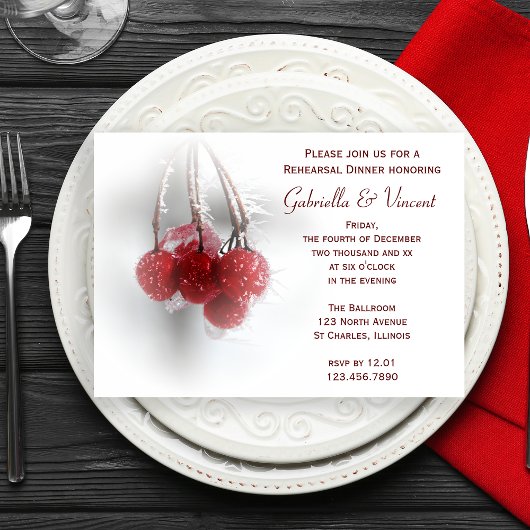 Invitation Red Frosty Berries Winter Wedding Rehearsal Dinner