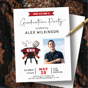 Invitation Red Fun Script Photo Graduation BBQ Party