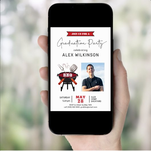 Invitation Red Fun Script Photo Graduation BBQ Party