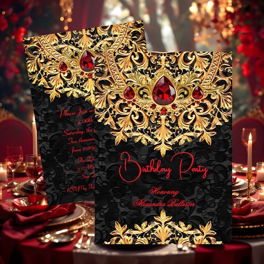 Invitation Red Gems Gold Black Lace Damask Birthday Party