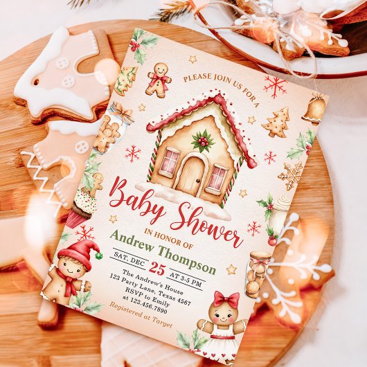 Invitation Red Gingerbread House Christmas Baby Shower