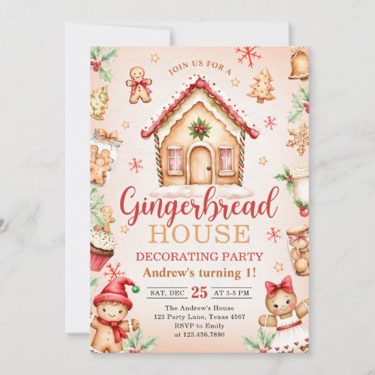 Invitation Red Gingerbread House Decorating Birthday Party (Devant)