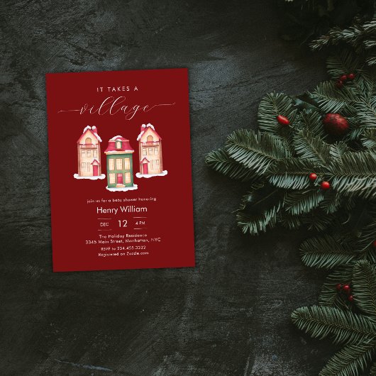 Invitation Red Gingerbread It Takes A Village Boy Baby Shower