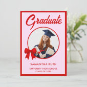 Invitation Red Gingham Bow Photo Graduation Party (Debout devant)