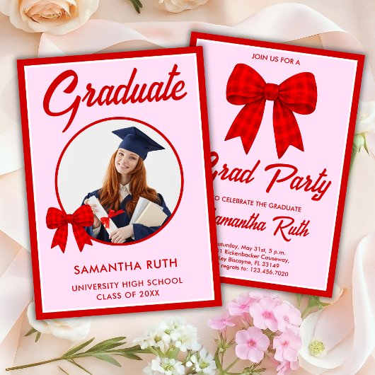 Invitation Red Gingham Bow Photo Graduation Party