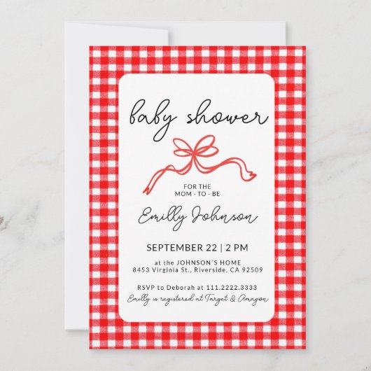 Invitation Red Gingham Cute Bow Handwriting Baby Shower (Devant)
