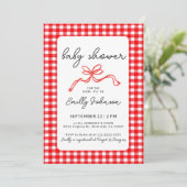 Invitation Red Gingham Cute Bow Handwriting Baby Shower (Debout devant)