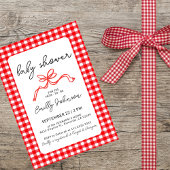Invitation Red Gingham Cute Bow Handwriting Baby Shower