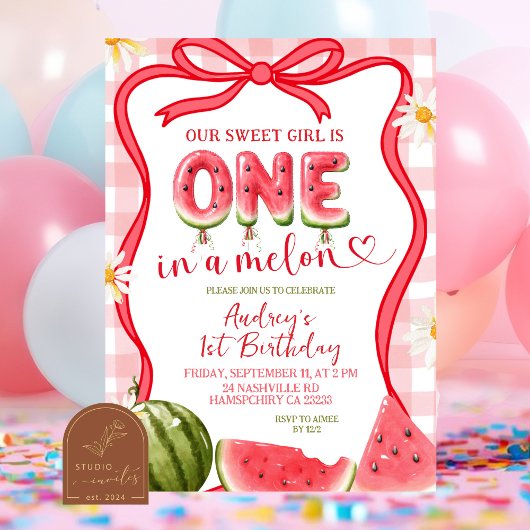 Invitation Red Gingham Watermelon Bow Summer Birthday
