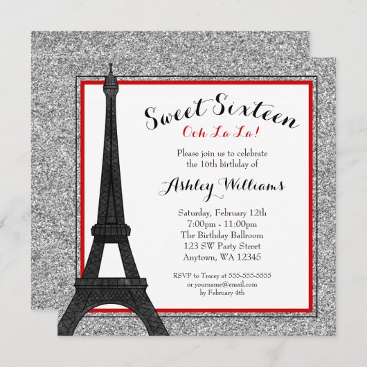 Invitation Red Glam Paris Theme Faux Parties scintillant Swee (Devant / Derrière)