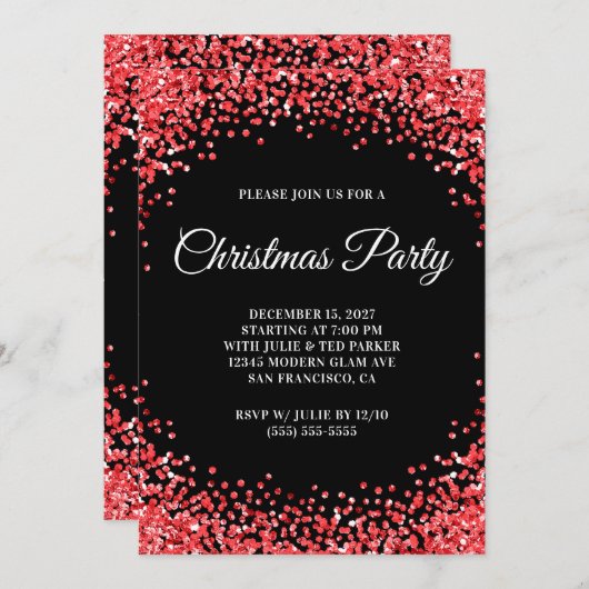 Invitation Red Glitter Border Black Christmas Party (Devant / Derrière)