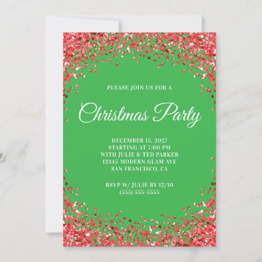 Invitation Red Glitter Border Green Christmas Party (Devant)