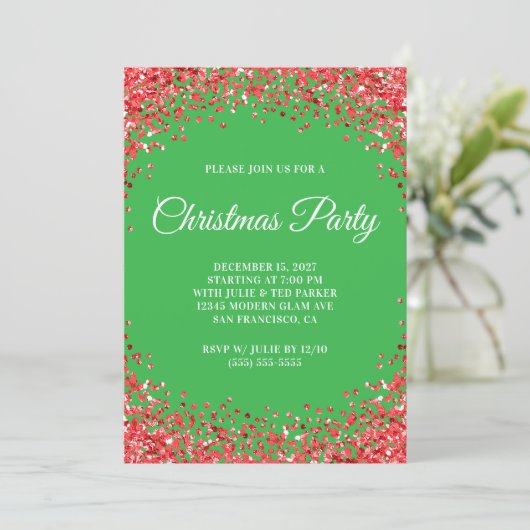 Invitation Red Glitter Border Green Christmas Party (Debout devant)