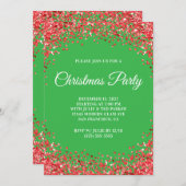 Invitation Red Glitter Border Green Christmas Party (Devant / Derrière)