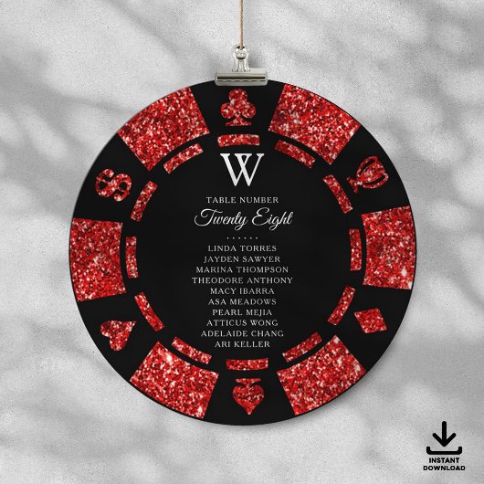Invitation Red Glitter Monogram Poker Chip Casino Wedding
