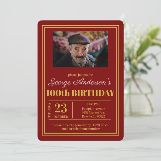 Invitation Red Gold 100th Birthday Party (Debout devant)
