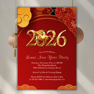 Invitation Red Gold 2026 Horse Chinese Lunar New Year Party