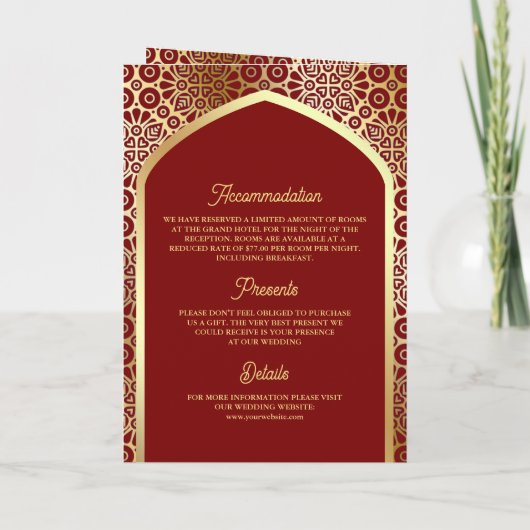 Invitation Red Gold Arch Perse QR Code Mariage musulman (Dos)