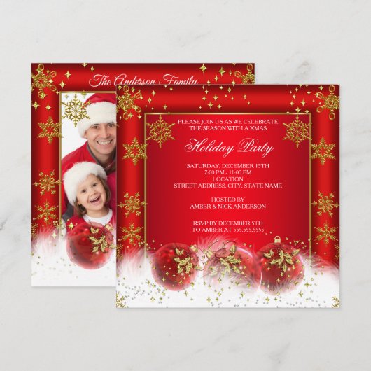 Invitation Red Gold Baubles Noël Photo Fête de Noël (Devant / Derrière)